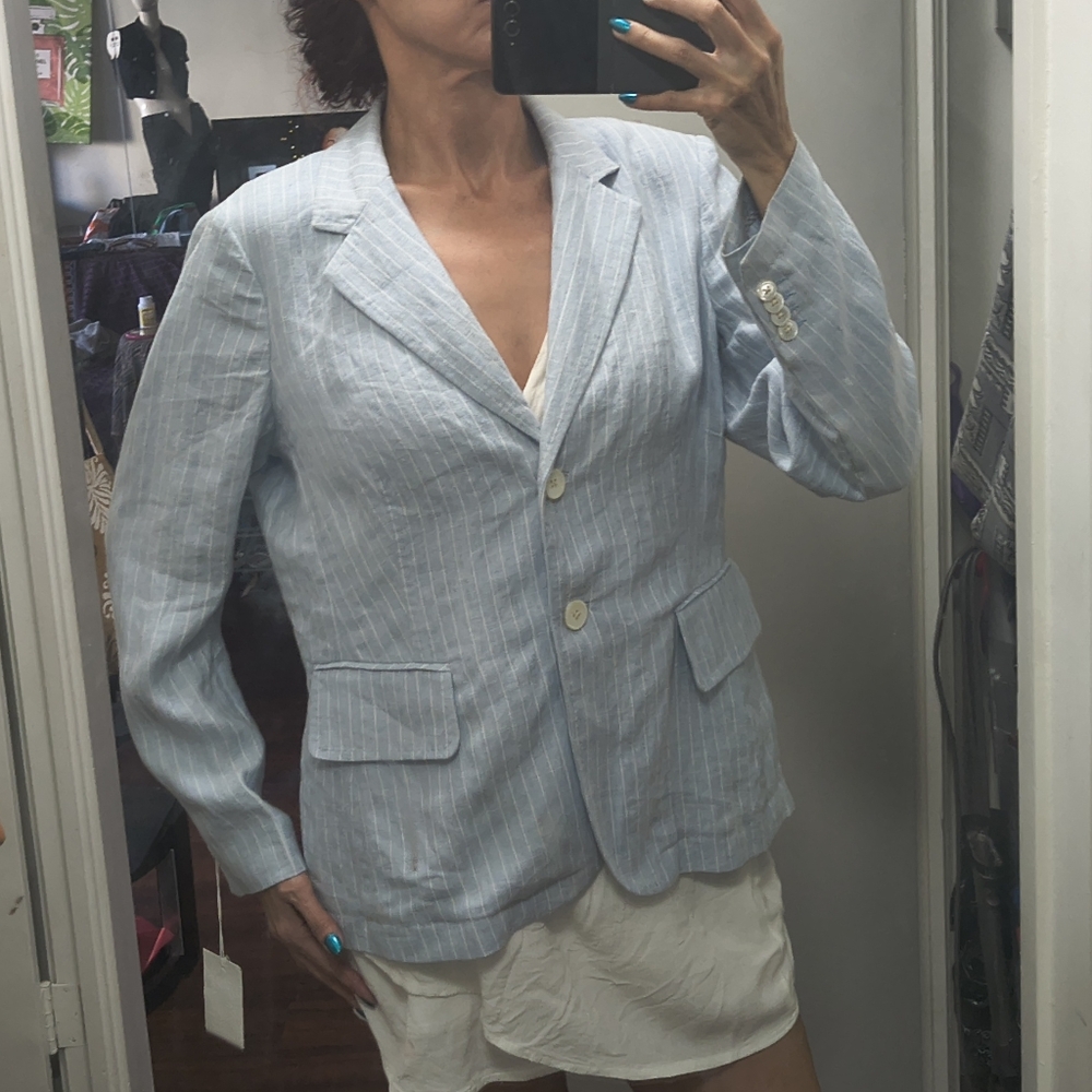 Lands End Women 100% Linen Light Blue Pinstripe Blazer Size 16 P